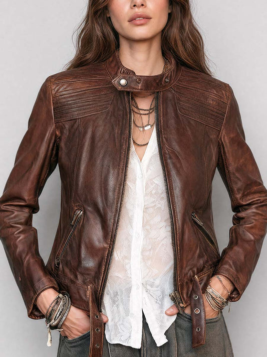 Vintage Brown Leather Moto with Quilted Shoulder Panels Jacket
