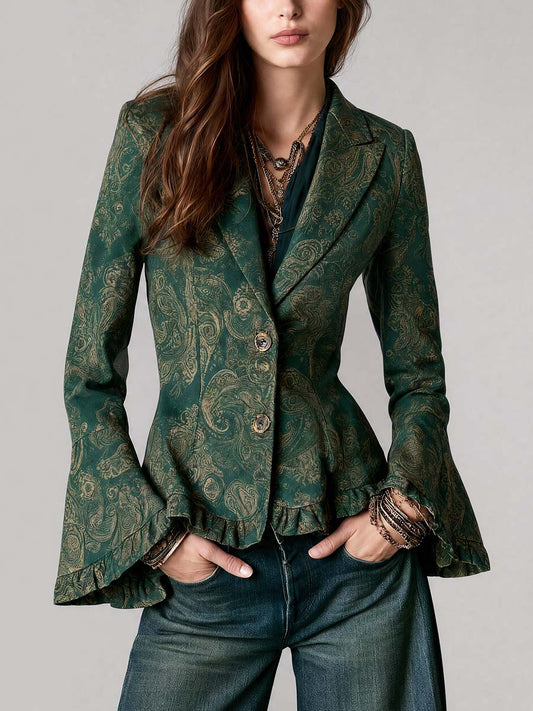 Bohemian Paisley Print Flared Sleeve Button Front Blazer