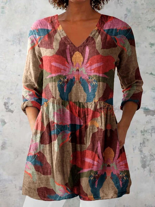 Sarah - Long Blouse with V-Neck - Multicolor