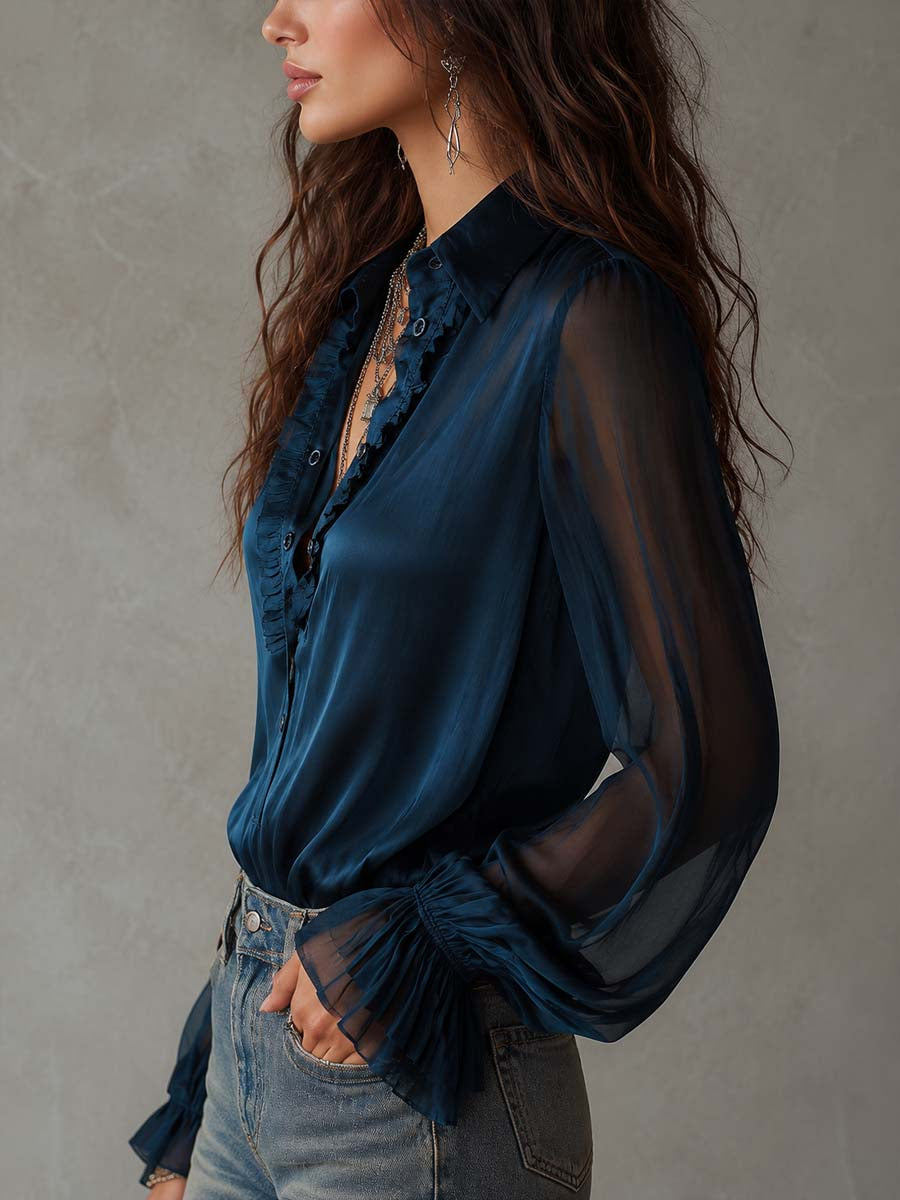 Vintage Tencel Blend Ruffle Collar Sheer Long-Sleeve Shirt - view 3