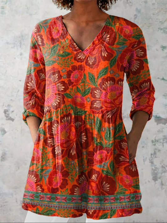 Marion - Long Blouse with V-Neck - Red Orange
