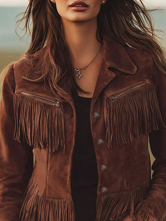 Western-style Brown Suede Tassel Zip-up Jacket - view 2