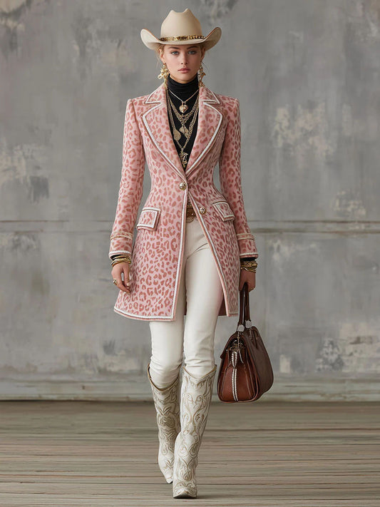 Lapel Single-breasted Pink Leopard Print Mid-length Coat - view 2