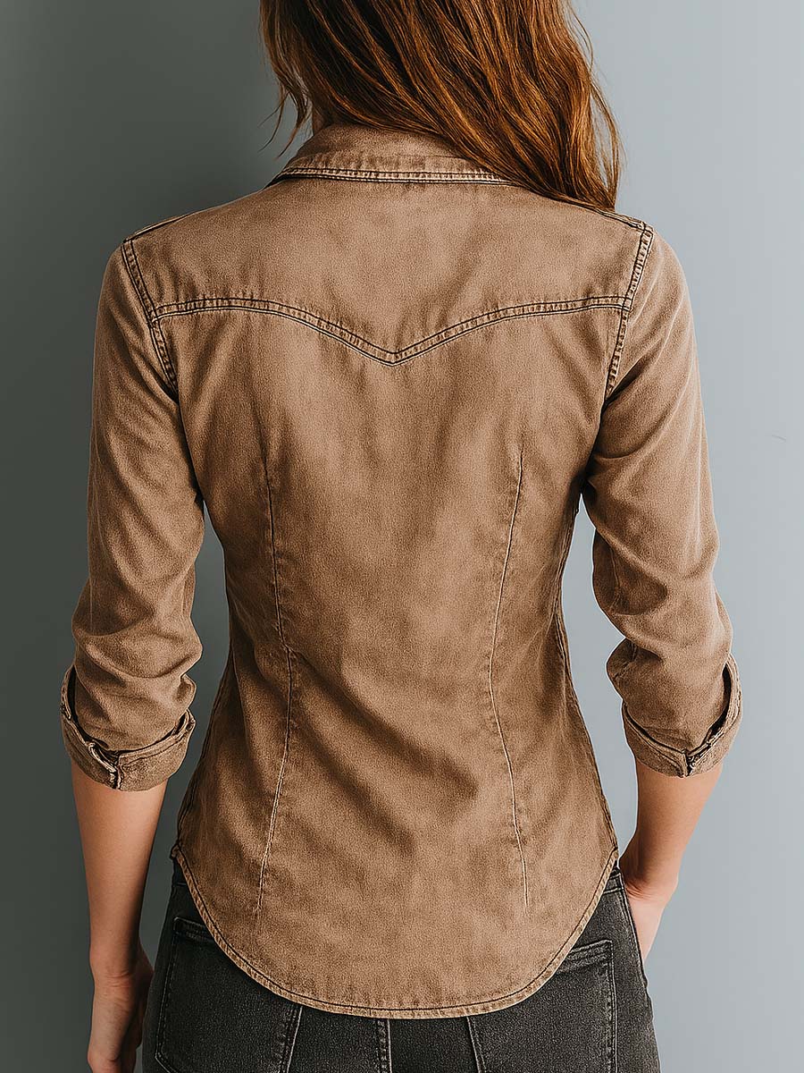 Retro Washed Contrast Stitching Blouse - view 5