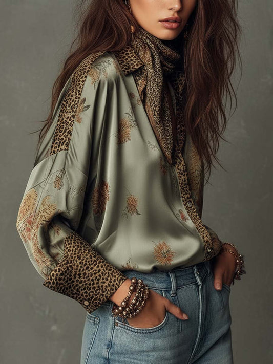 Satin Floral Button-Down Shirt with Leopard Trim - view 2