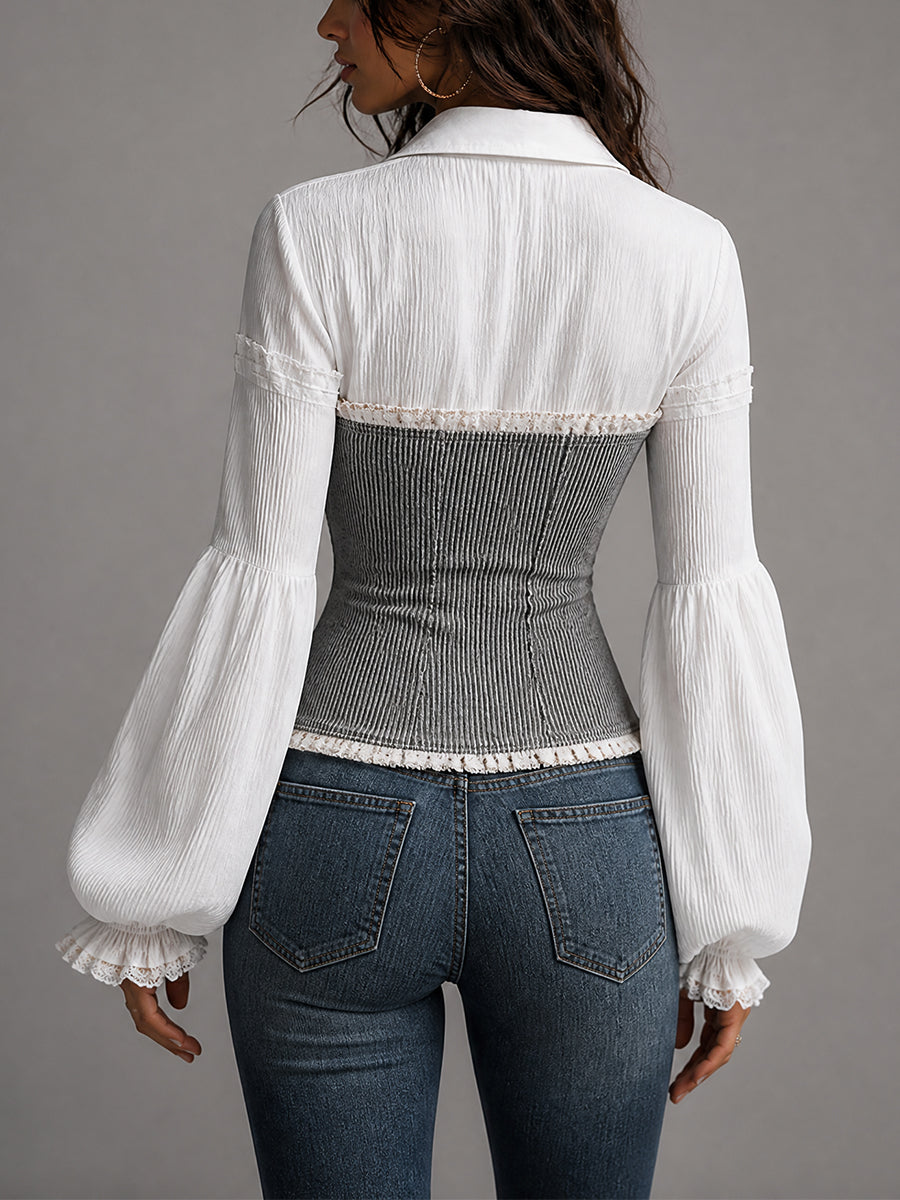 Faux Two-Piece Shirt and Ribbed Corset Top - view 5