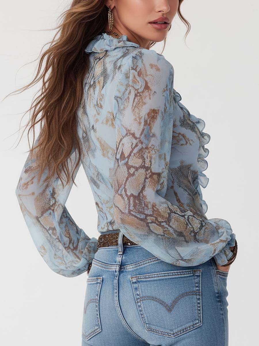 Ruffled Zip-Front Chiffon Blouse in Serene Blue Print - view 3