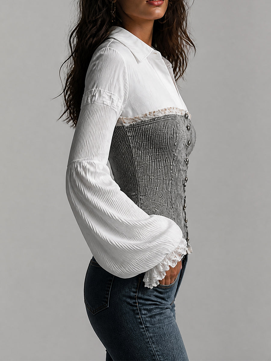 Faux Two-Piece Shirt and Ribbed Corset Top - view 4