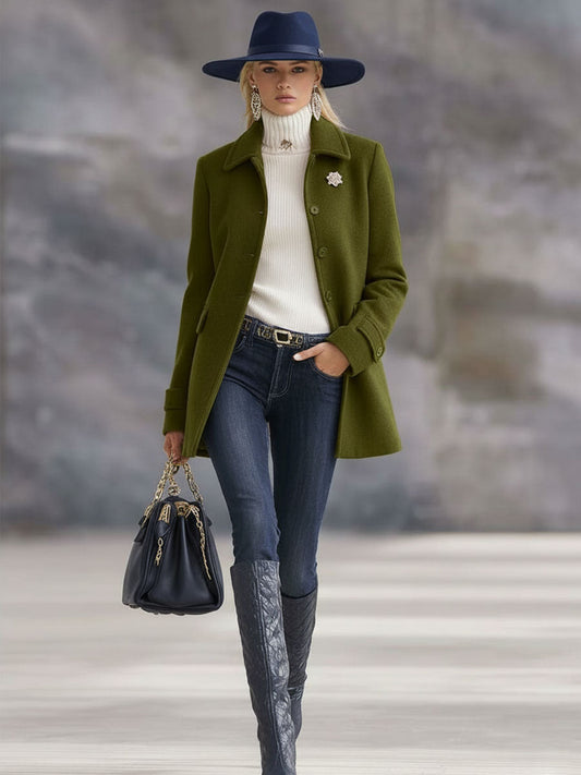 Casual Retro Olive Green Tweed Coat - view 2