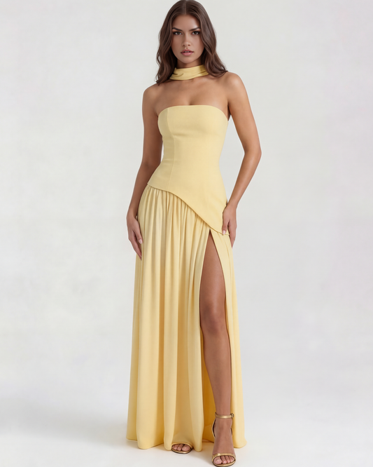 Noémie - Butter Yellow Strapless Crepe Maxi Gown