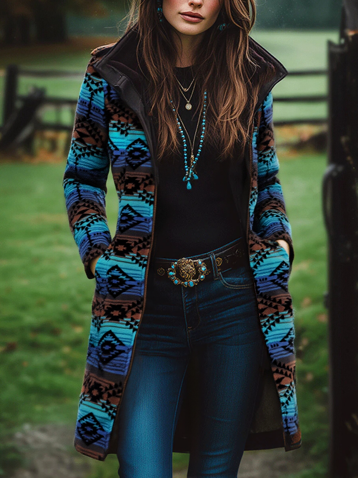 Retro Boho Longline Tribal Print Wool Long Coat