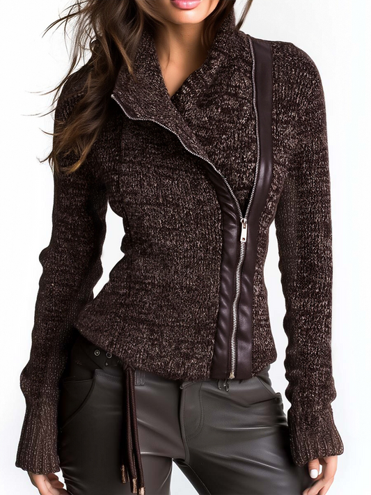 Brown Asymmetrical Zip Ribbed Knit Jacket - view 2