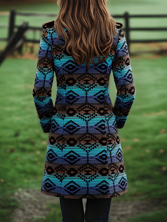 Retro Boho Longline Tribal Print Wool Long Coat - view 2