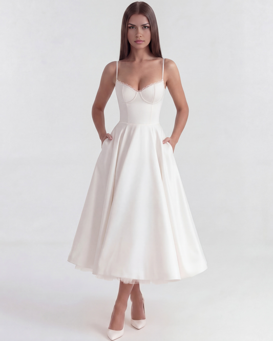 Élodie - White Corset Satin Midi Dress - view 2