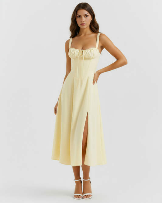 Aurélie - Light Yellow Corset Lace-Up Midi Dress - view 2