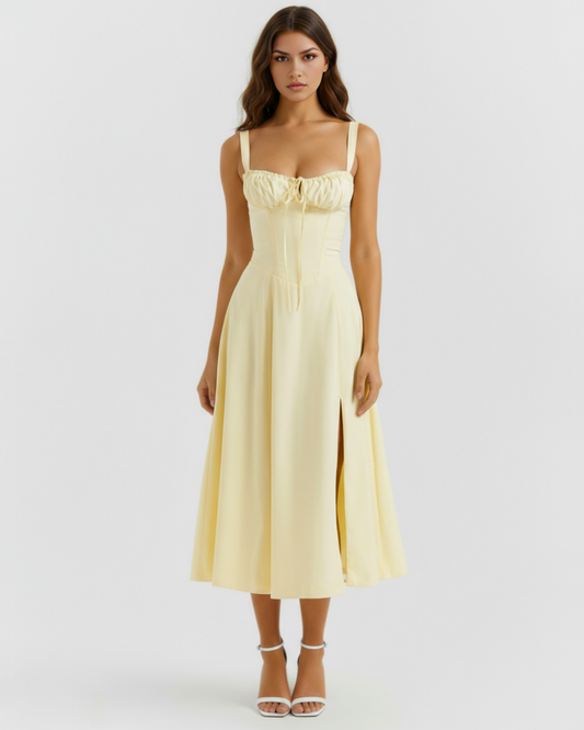 Aurélie - Light Yellow Corset Lace-Up Midi Dress