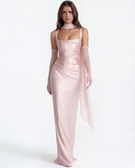 Sabine - Pink Pleated Satin Maxi Dress