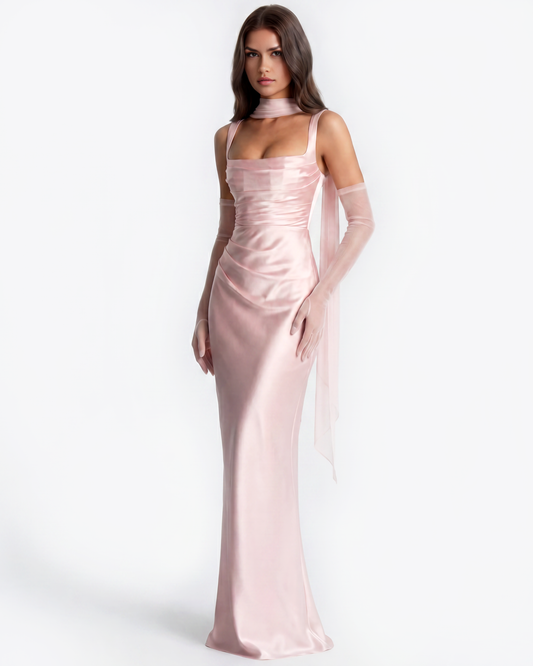 Sabine - Pink Pleated Satin Maxi Dress - view 2
