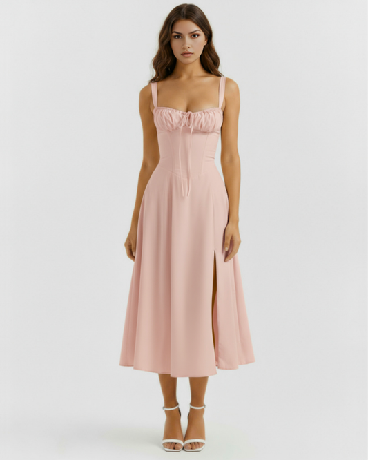 Aurélie - Pink Corset Lace-Up Midi Dress - view 2
