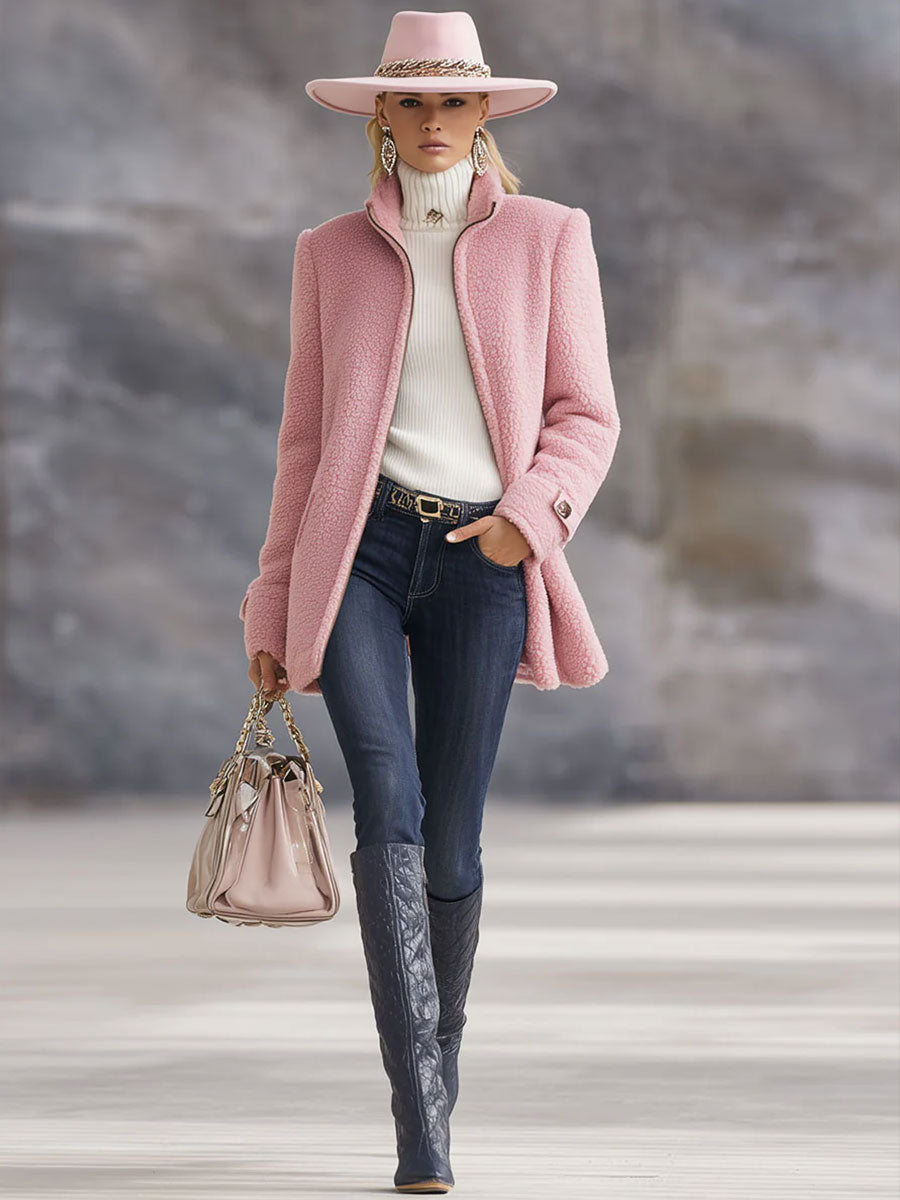 Casual Vintage Pink Polar Fleece Zip-Up Jacket Coat - view 8