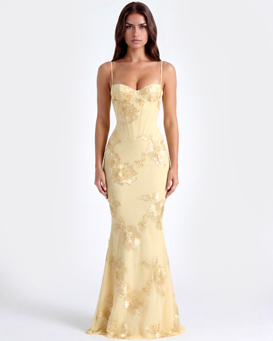 Rosalie - Butter Yellow Floral Appliqué Mesh Maxi Dress