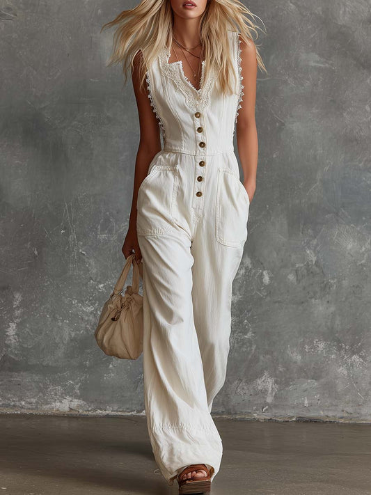 White Lace-Trim Cotton Jumpsuit