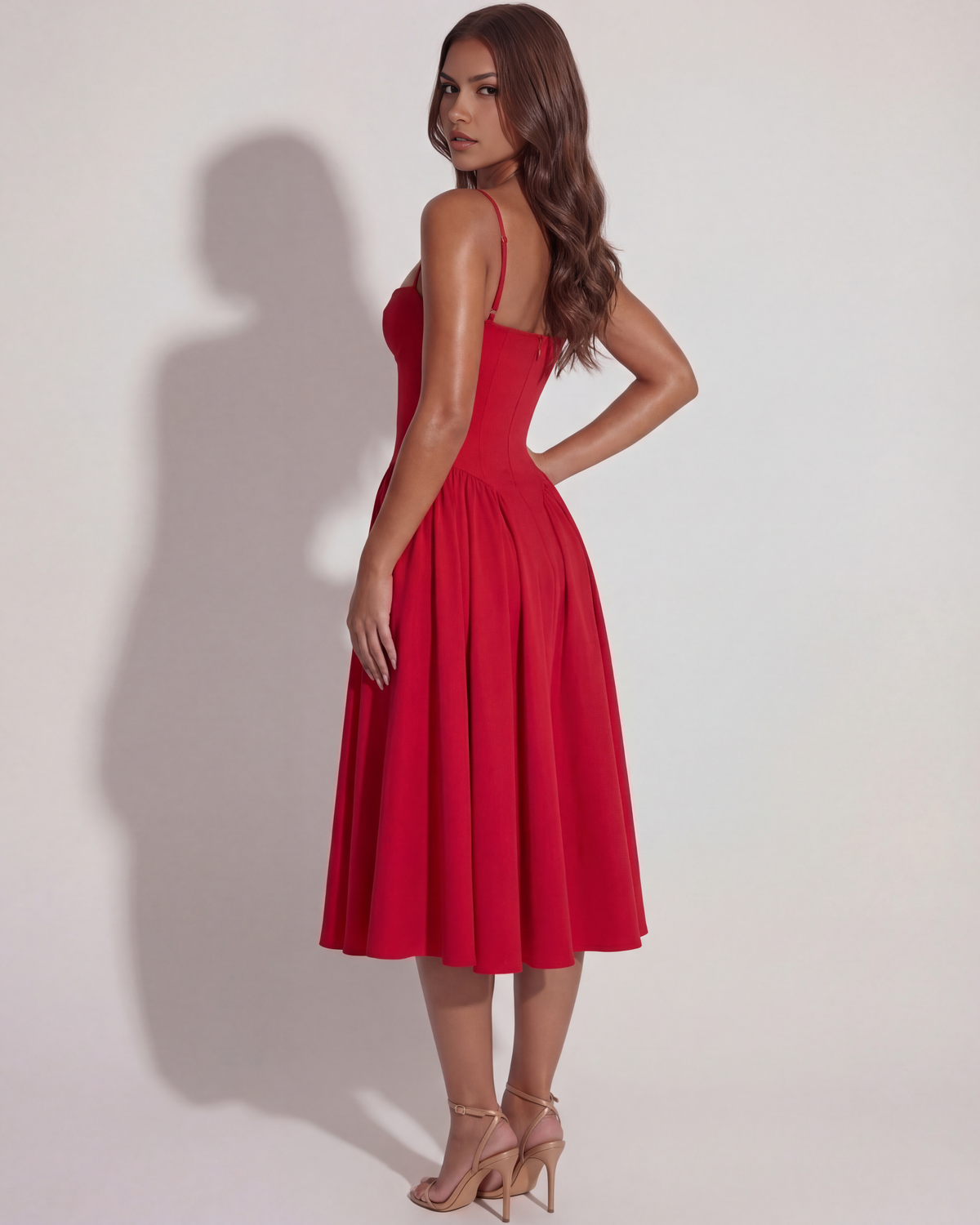 Amelia - Red Corset Twill Midi Dress - view 11