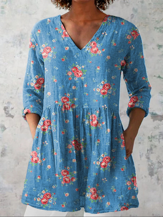 Melanie - Long Blouse with V-Neck - Blue