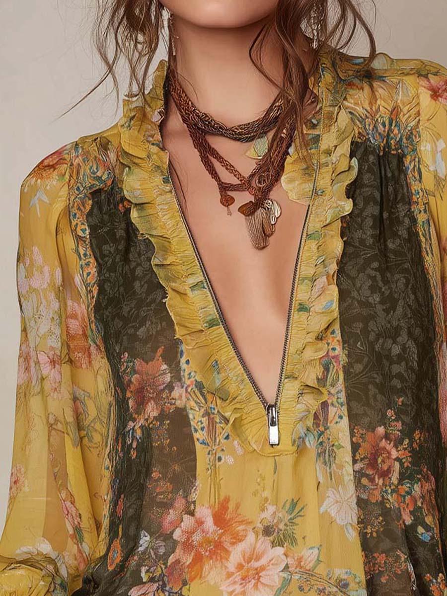 Zip-Front Ruffled Floral Chiffon Blouse - view 5