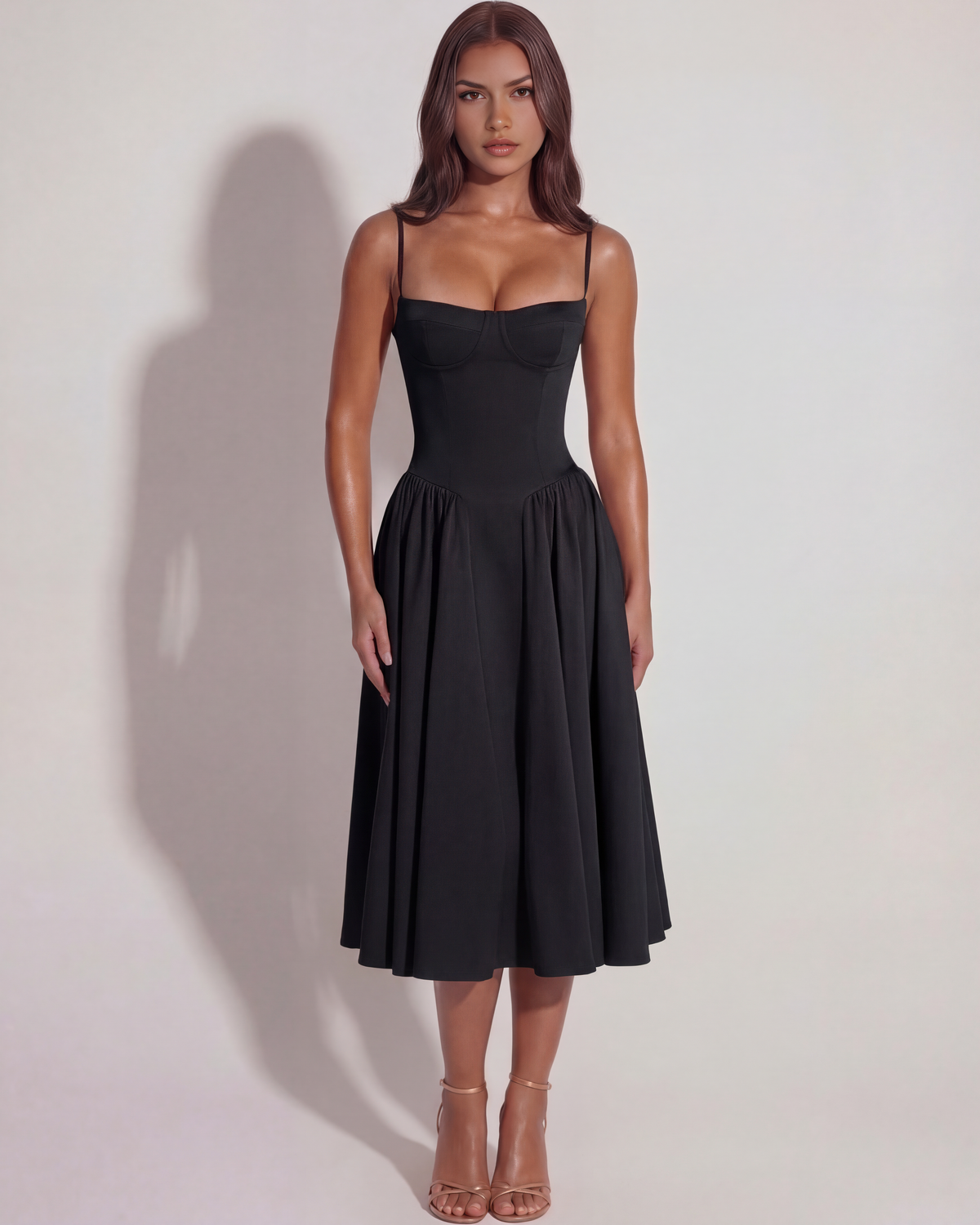 Amelia - Black Corset Twill Midi Dress - view 2