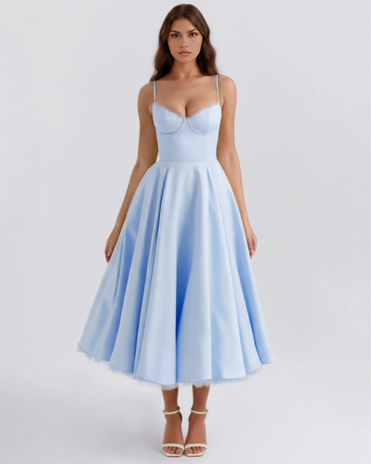Élodie - Baby Blue Corset Satin Midi Dress