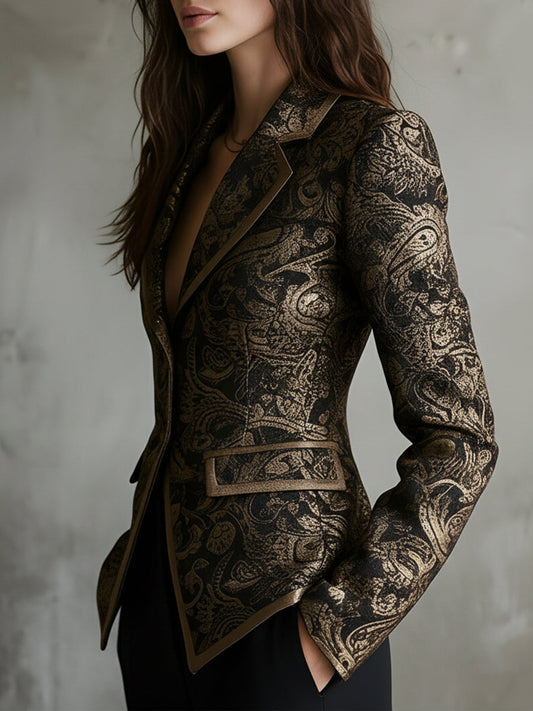 Quiet Luxury Paisley Jacquard Wrapped Lapels Fitted Blazer - view 2
