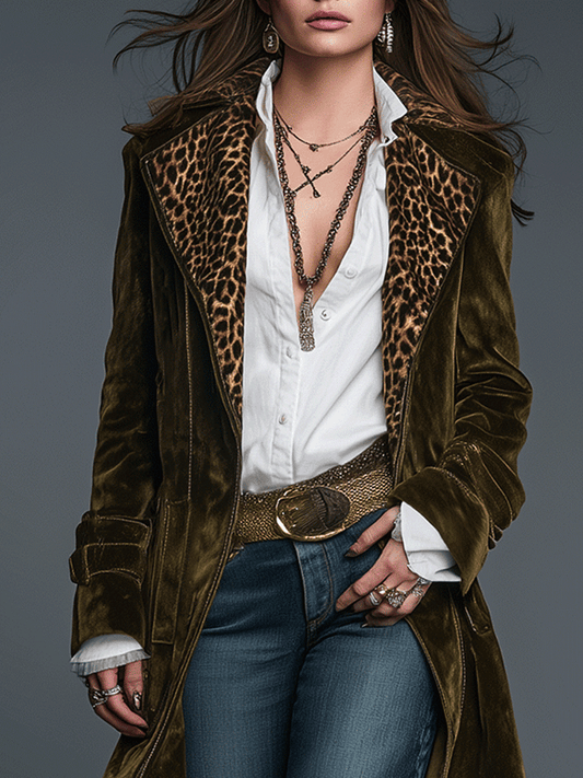 Boho Luxe Olive Velvet Leopard Lapel Long Coat - view 2