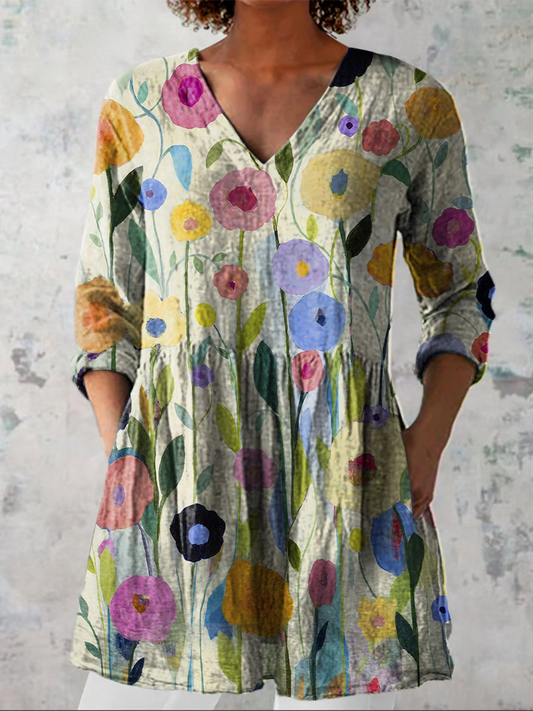 Louise - Long Blouse with V-Neck - Multicolor