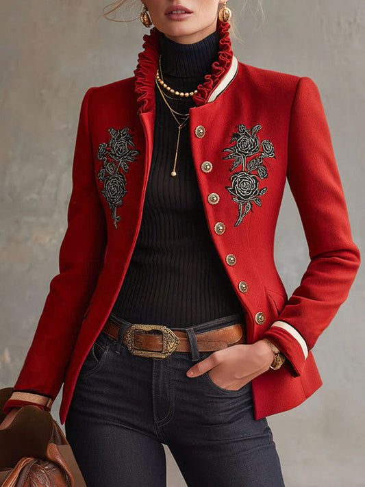 Rose Embroidered Stand-Up Collar Jacket - view 2
