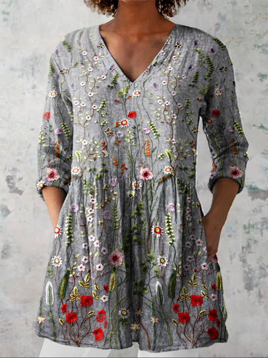 Amelie - Long Blouse with V-Neck - Grey