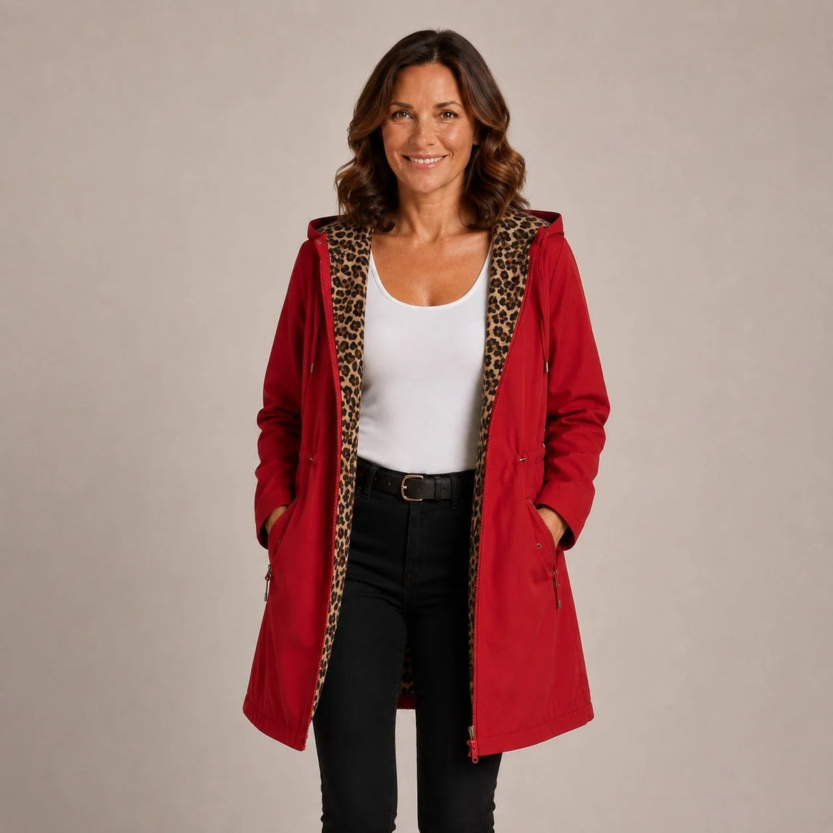 Robyn - Leopard-Lined Hooded Coat - Red