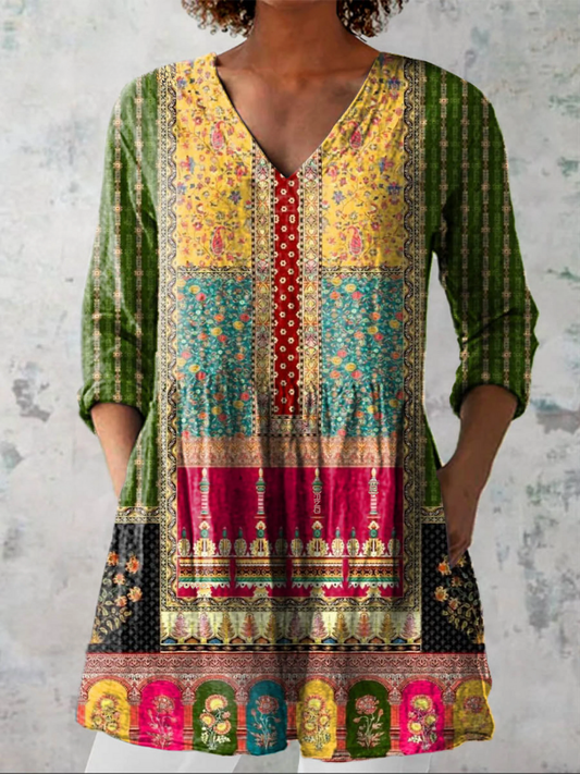 Emilie - Long Blouse with V-Neck - Multicolor
