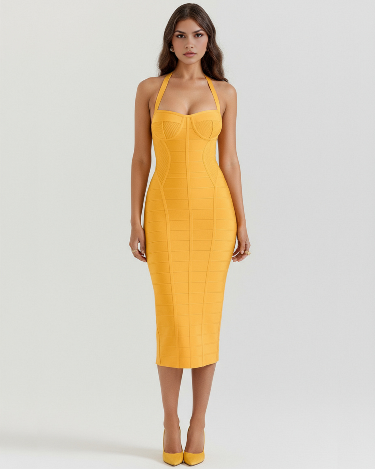 Gabrielle - Golden Halter Bandage Midi Dress