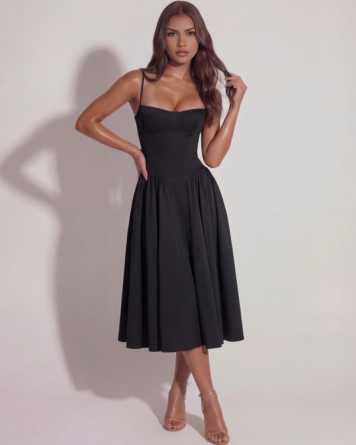 Amelia - Black Corset Twill Midi Dress - view 5