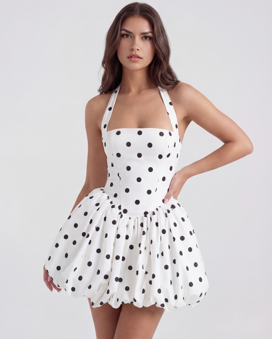 Penelope - Black and White Polka Dot Puffball Mini Dress
