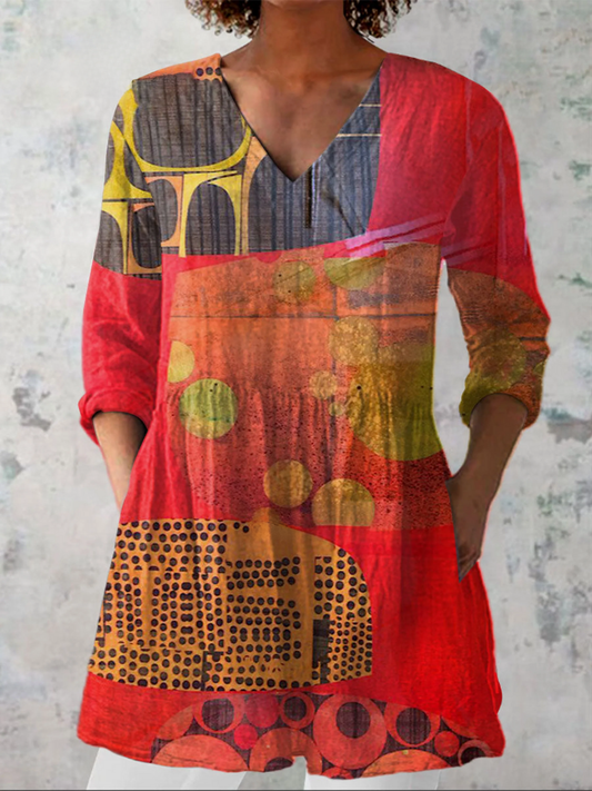 Lucie - Long Blouse with V-Neck - Red