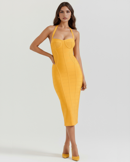 Gabrielle - Golden Halter Bandage Midi Dress - view 2