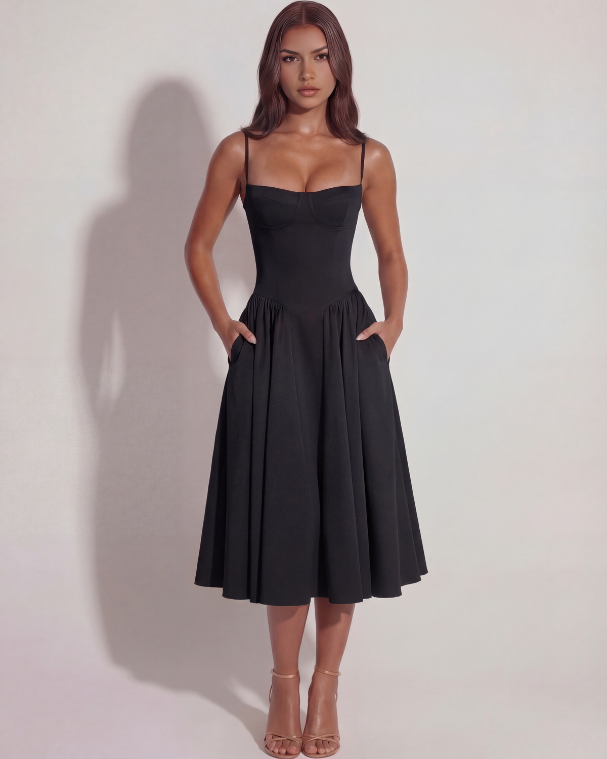 Amelia - Black Corset Twill Midi Dress - view 6