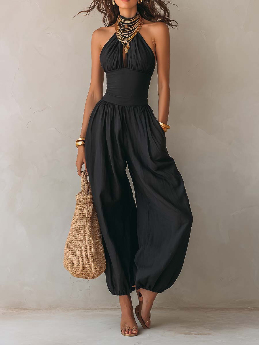Fleur - Halter Keyhole Balloon-Leg Jumpsuit
