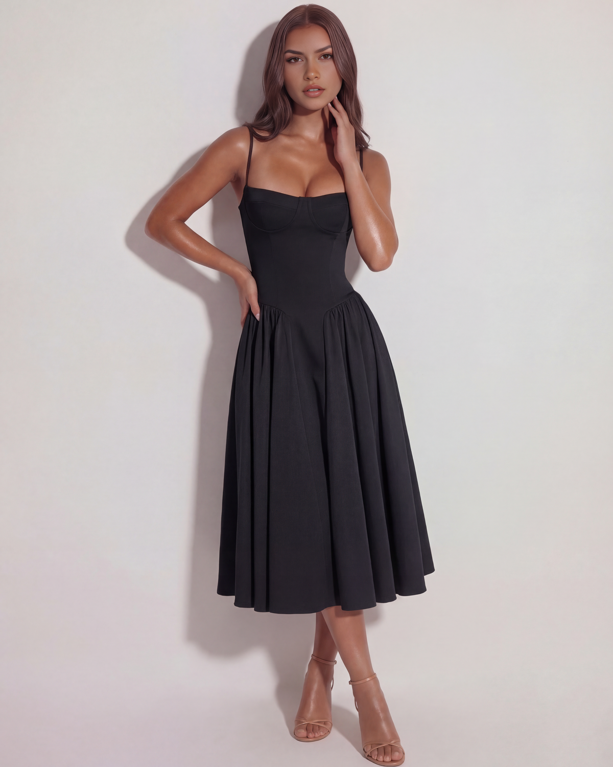 Amelia - Black Corset Twill Midi Dress - view 8
