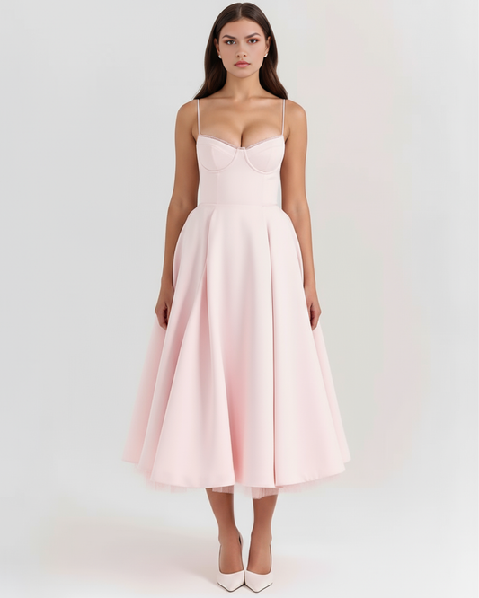 Élodie - Blush Pink Corset Satin Midi Dress