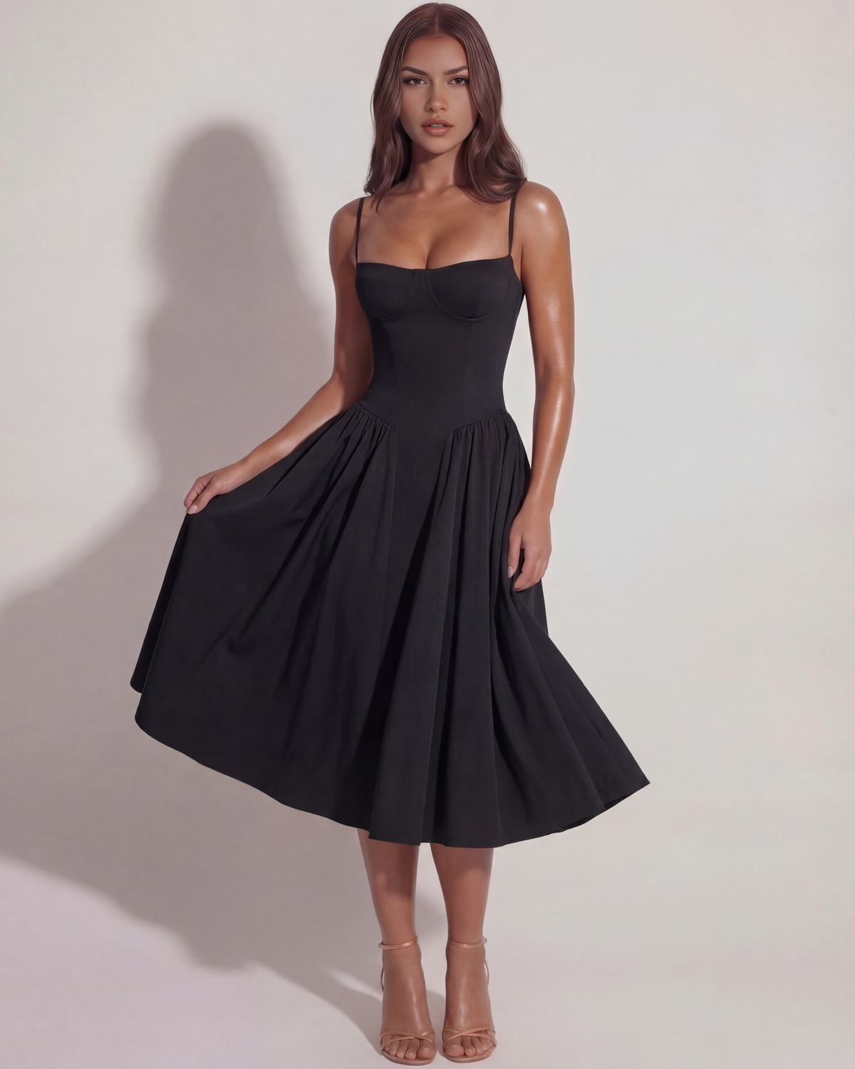 Amelia - Black Corset Twill Midi Dress - view 4