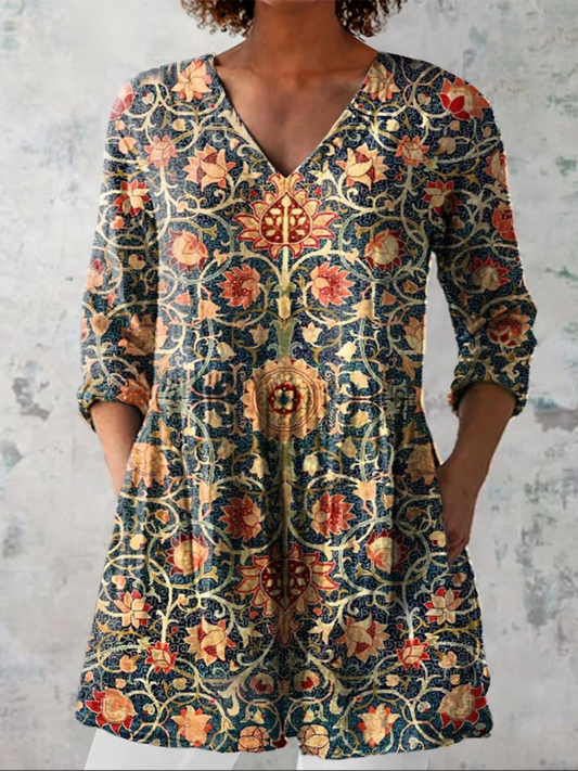 Celine - Long Blouse with V-Neck - Multicolor