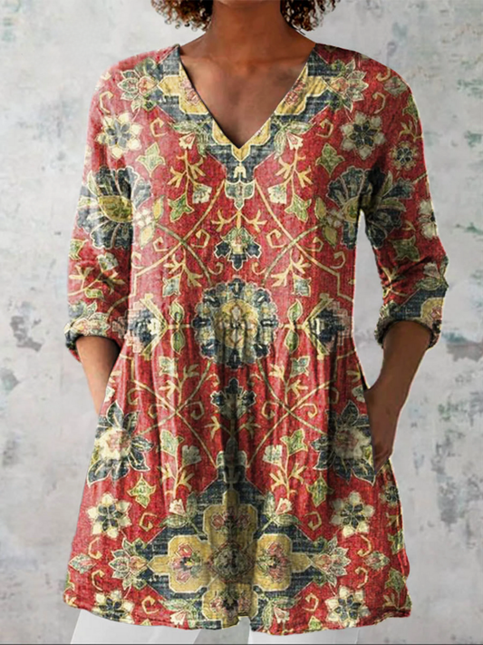 Lea - Long Blouse with V-Neck - Multicolor